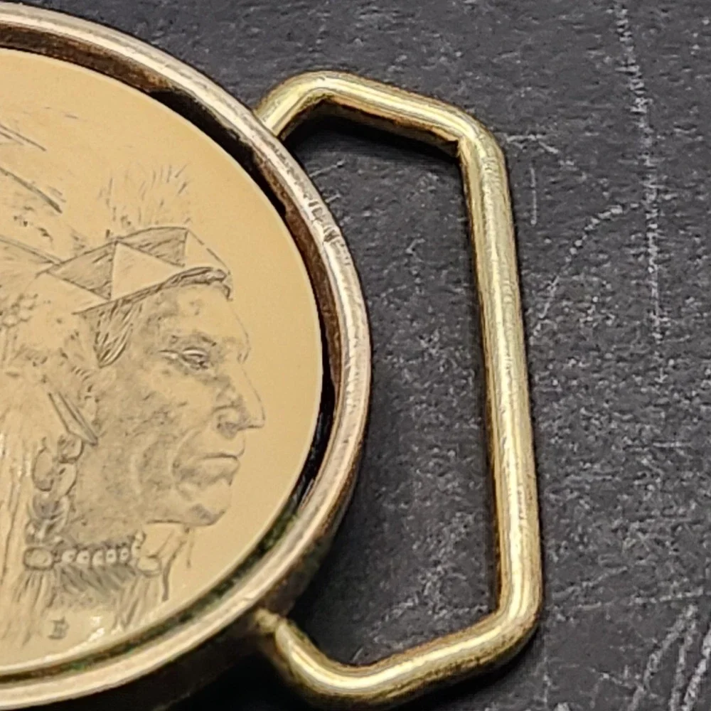 VTG 1981 Barlow Solid‎ Brass & Ceramic Belt Buckle  Native American Chief